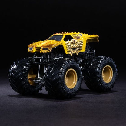 Toy monster truck with yellow and black design on a dark background