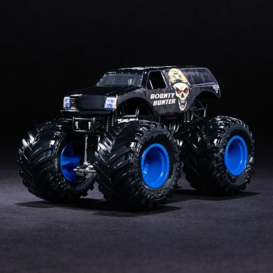Monster truck with 'Bounty Hunter' branding on a dark background