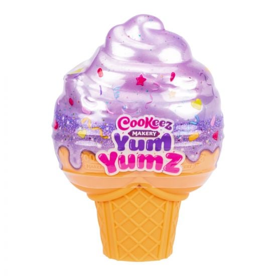 Toy ice cream cone with purple scoop and 'Cookeez Makery Yum Yumz' branding on a white background