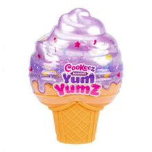 Toy ice cream cone with purple scoop and 'Cookeez Makery Yum Yumz' branding on a white background