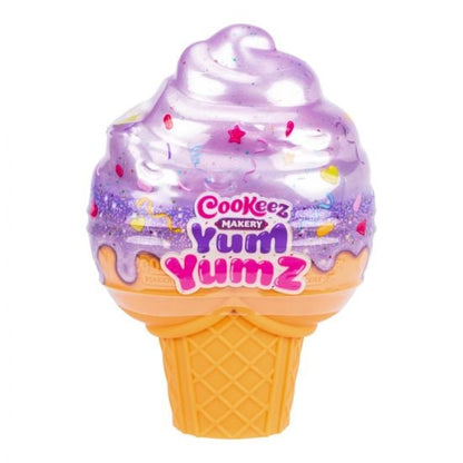 Toy ice cream cone with purple scoop and 'Cookeez Makery Yum Yumz' branding on a white background