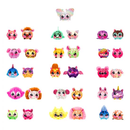 Collection of colorful small plush toys on a white background