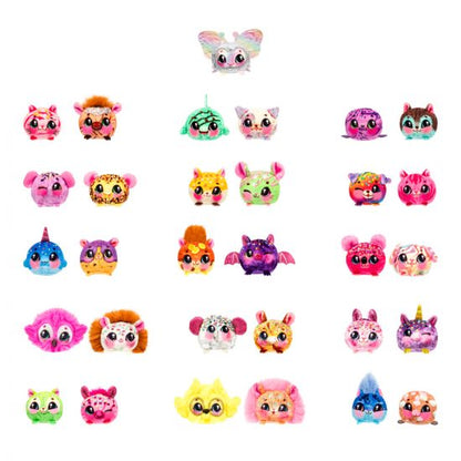 Collection of colorful small plush toys on a white background