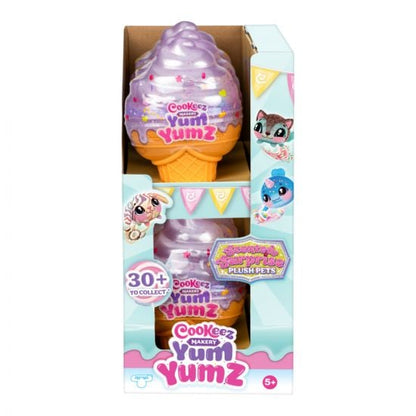 Toy packaging with a purple ice cream cone-shaped figure and 'Cookeez Yum Yum' branding.