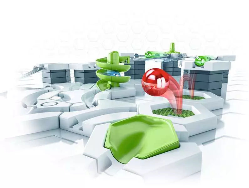 3D rendered image of a futuristic robot navigating a maze with green obstacles and a red ball.