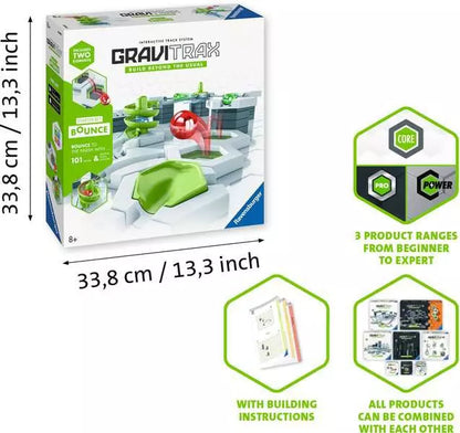 Gravitrax toy set packaging with dimensions and features on a white background