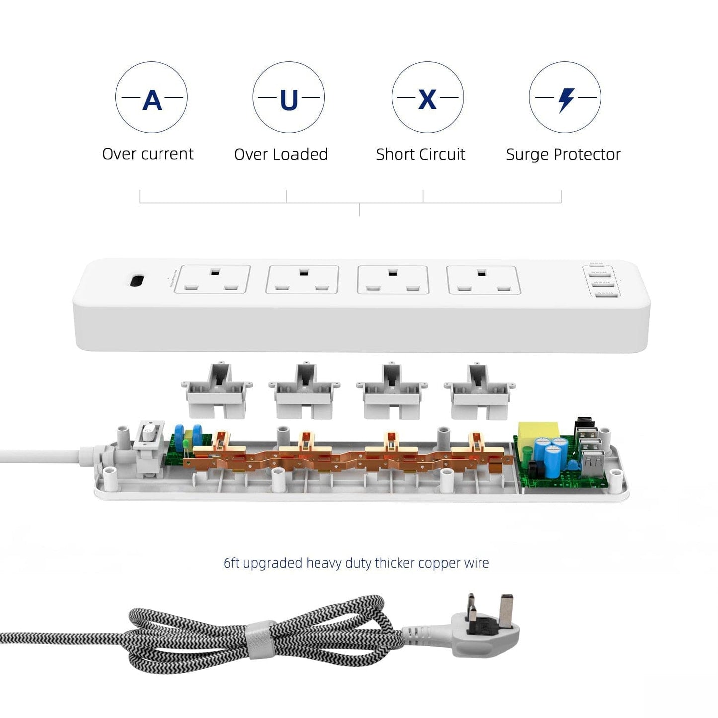 2m 4-Socket UK Power Switch Extension Lead with 3x USB-A / 1x USB-C Ports