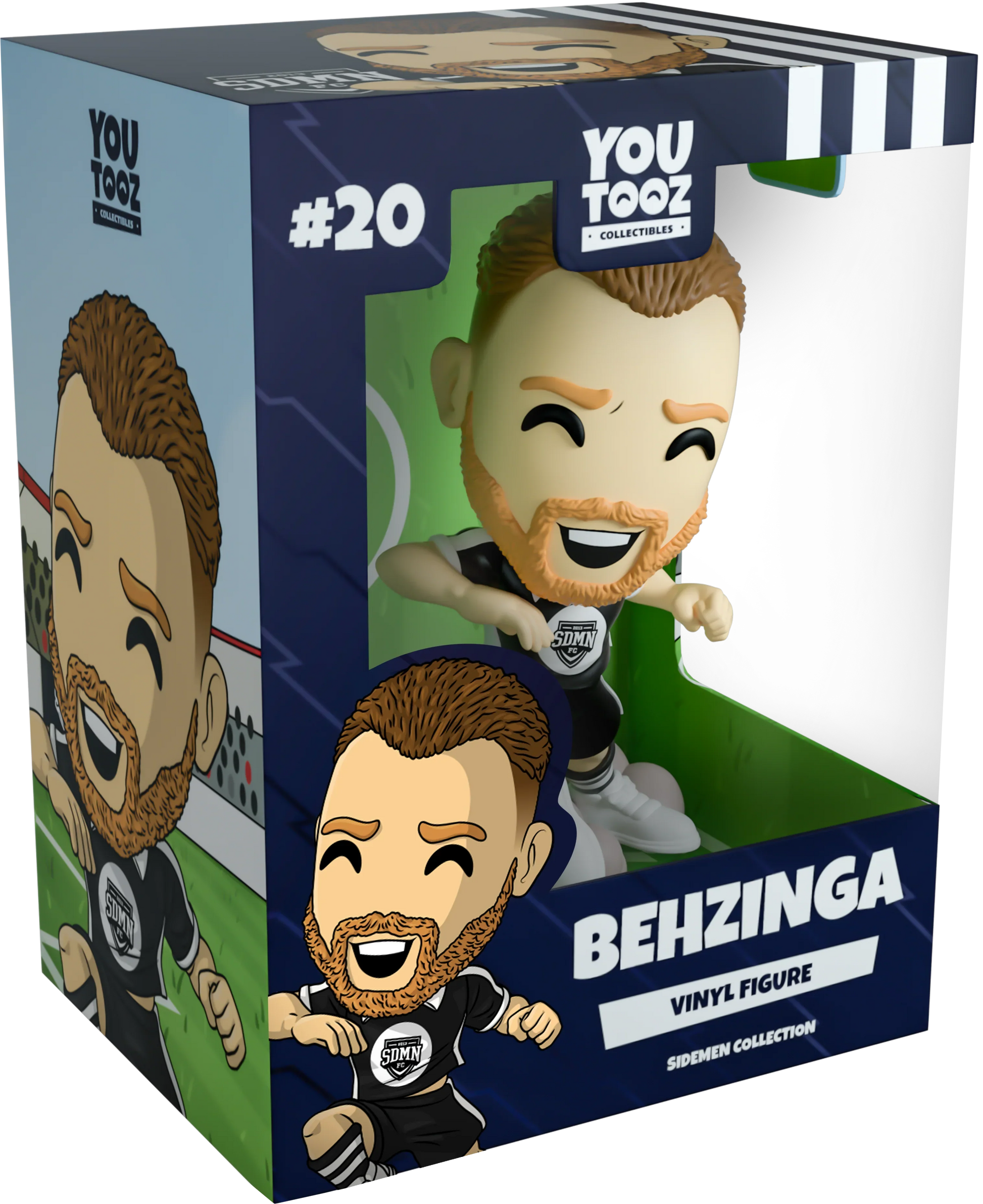 Boxed vinyl figure of a character named 'Behzinga' with branding of YouTooz.