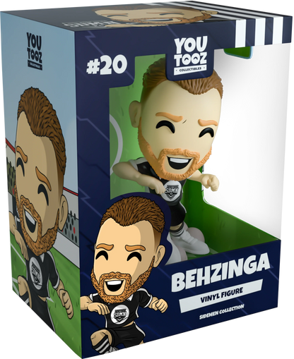 Boxed vinyl figure of a character named 'Behzinga' with branding of YouTooz.