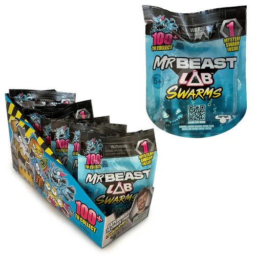 Mr Beast Lab Swarms toy packaging with multiple packs displayed.