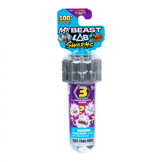 Mr Beast Lab Swarms toy packaging with purple and blue design on a white background