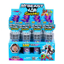 Display box of Mr Beast Lab Swarms toys with multiple packages and branding.