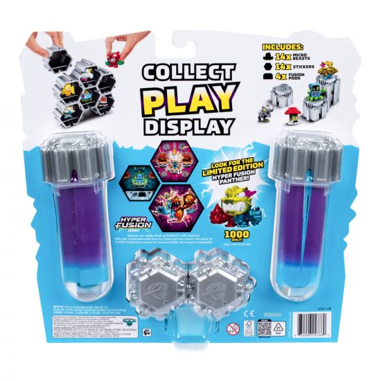 Toy packaging with two transparent containers filled with purple and blue liquid, surrounded by toy figures and graphics.