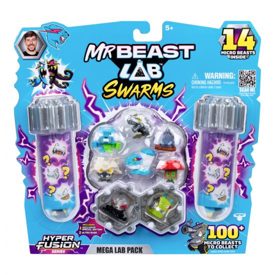 MrBeast Lab Swarms toy packaging with micro beasts inside, featuring a blue and purple color scheme.
