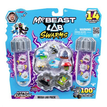MrBeast Lab Swarms toy packaging with micro beasts inside, featuring a blue and purple color scheme.