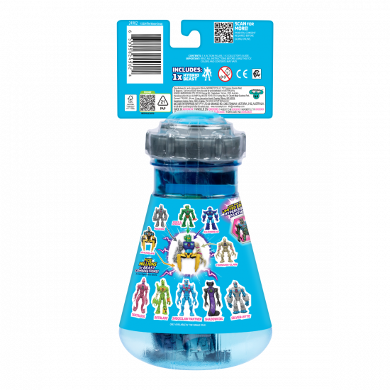 Toy figure in a blue transparent dome packaging with colorful figures on the back, on a white background.
