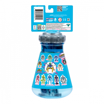 Toy figure in a blue transparent dome packaging with colorful figures on the back, on a white background.