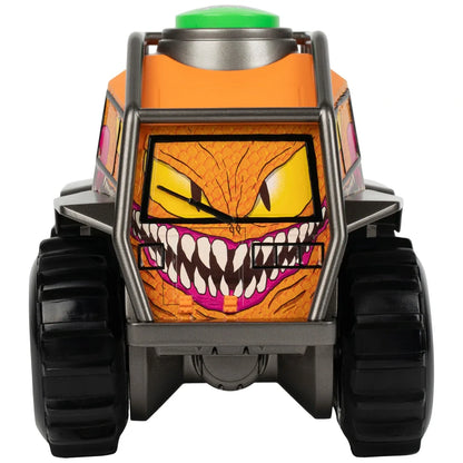 Toy vehicle with a menacing face design on a white background