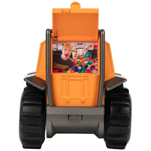 Toy construction vehicle with a colorful ball pit inside, featuring a character on a card.