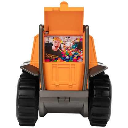 Toy construction vehicle with a colorful ball pit inside, featuring a character on a card.