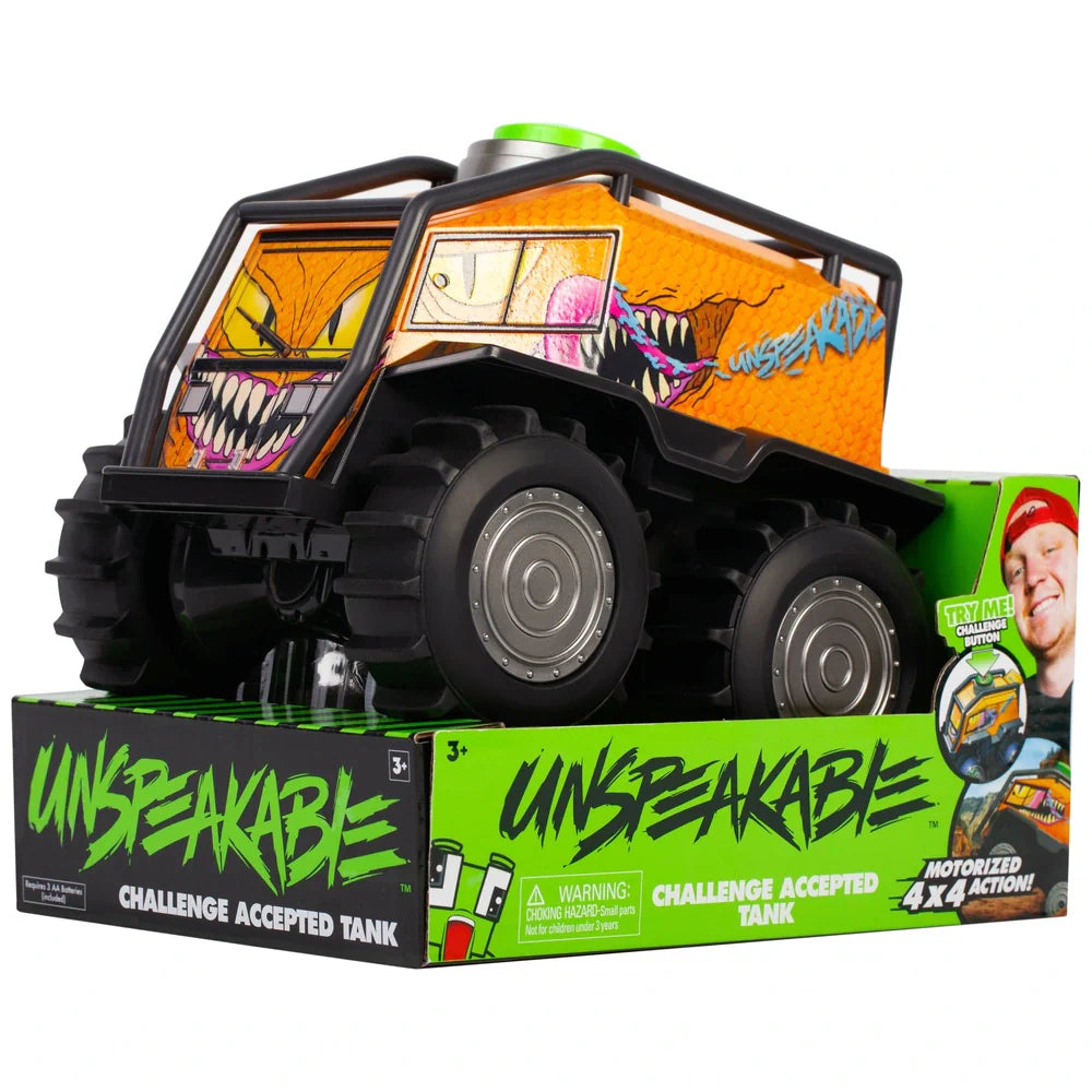 Toy tank with 'Unspeakable' branding on a white background
