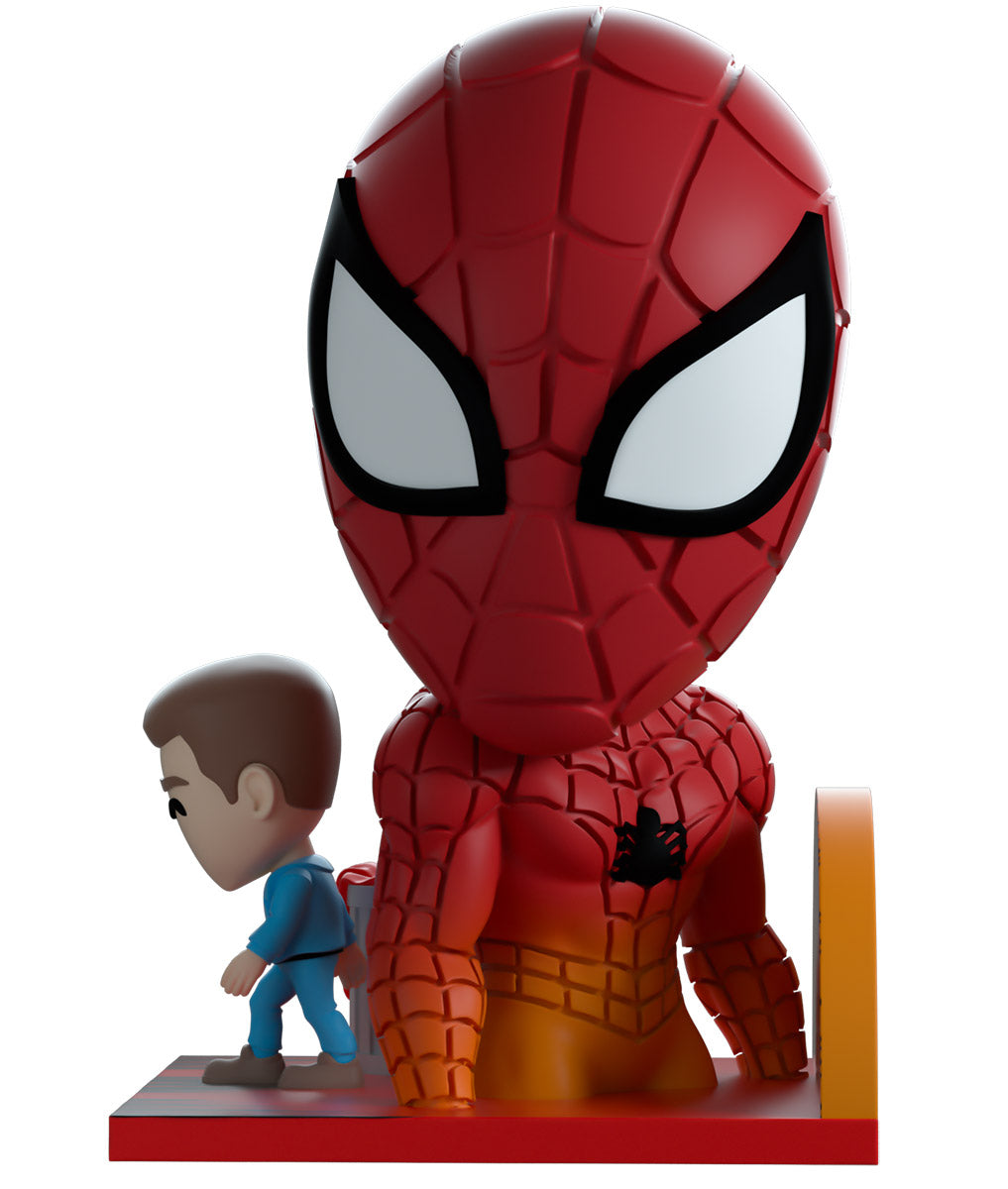 Spider Man figure from Youtooz with a smaller figure in the background on a white background