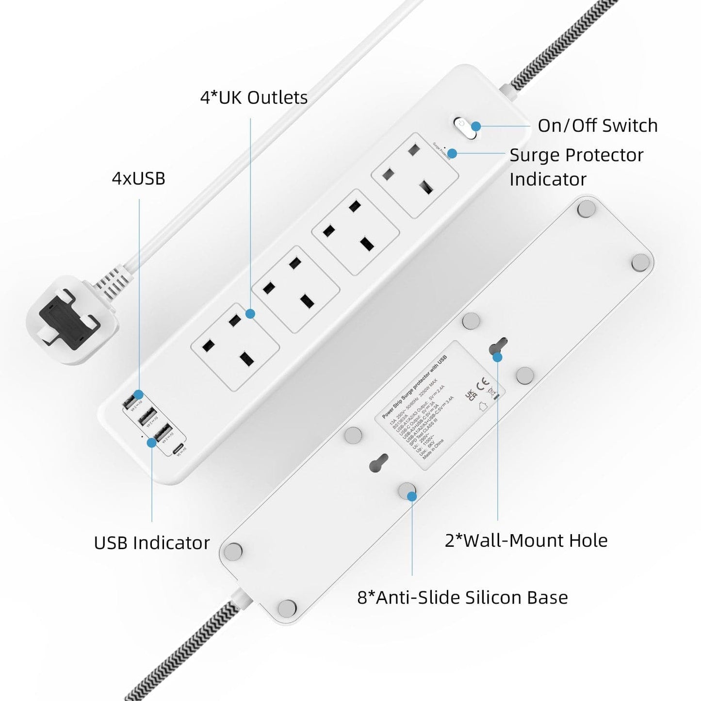 2m 4-Socket UK Power Switch Extension Lead with 3x USB-A / 1x USB-C Ports