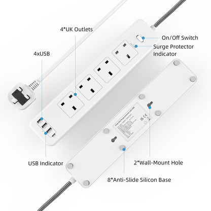 2m 4-Socket UK Power Switch Extension Lead with 3x USB-A / 1x USB-C Ports