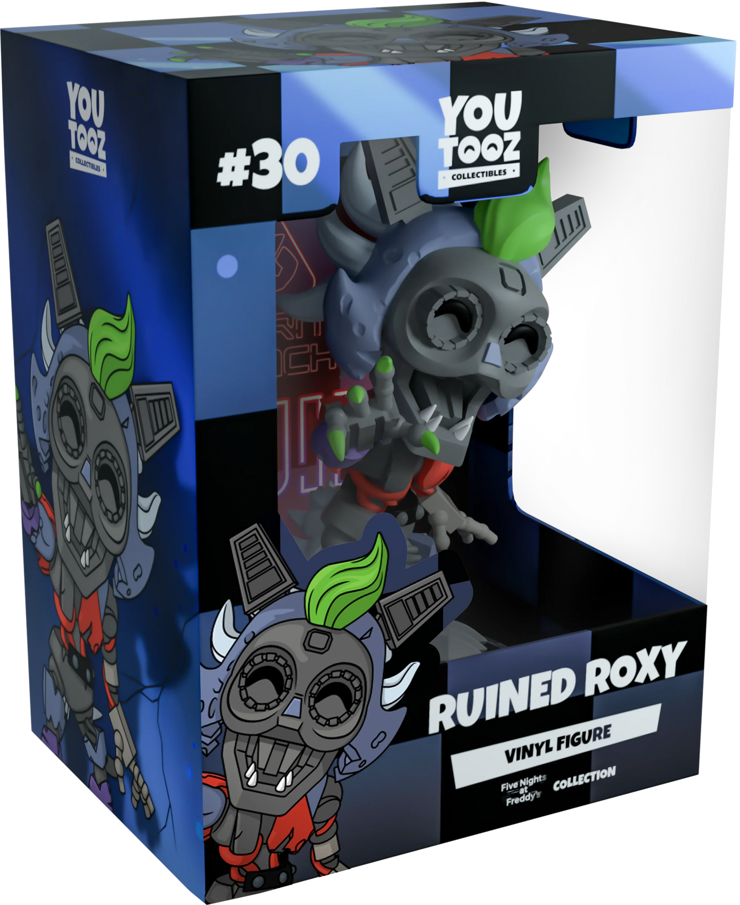 Boxed vinyl figure of Ruined Roxy from You Tooz with blue and black design.