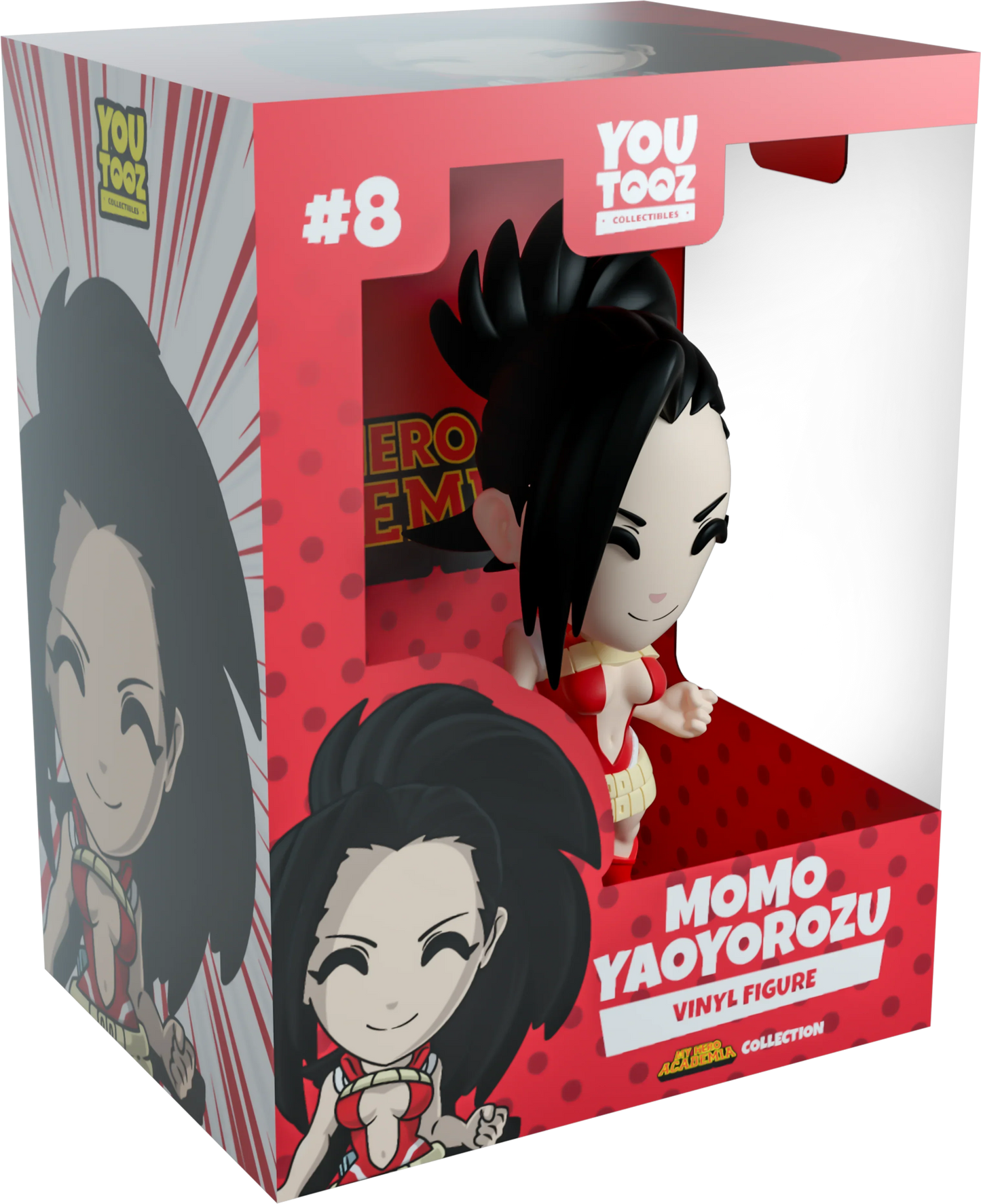 Boxed Momo Yaoyorozu vinyl figure from YouTooz with red and white design.