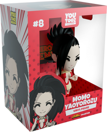 Boxed Momo Yaoyorozu vinyl figure from YouTooz with red and white design.