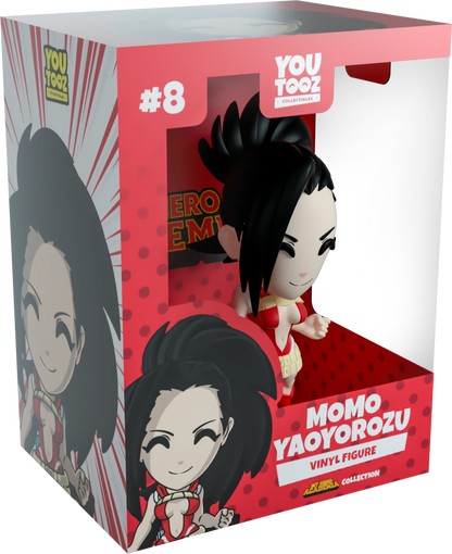 Boxed Momo Yaoyorozu vinyl figure from YouTooz with red and white design.