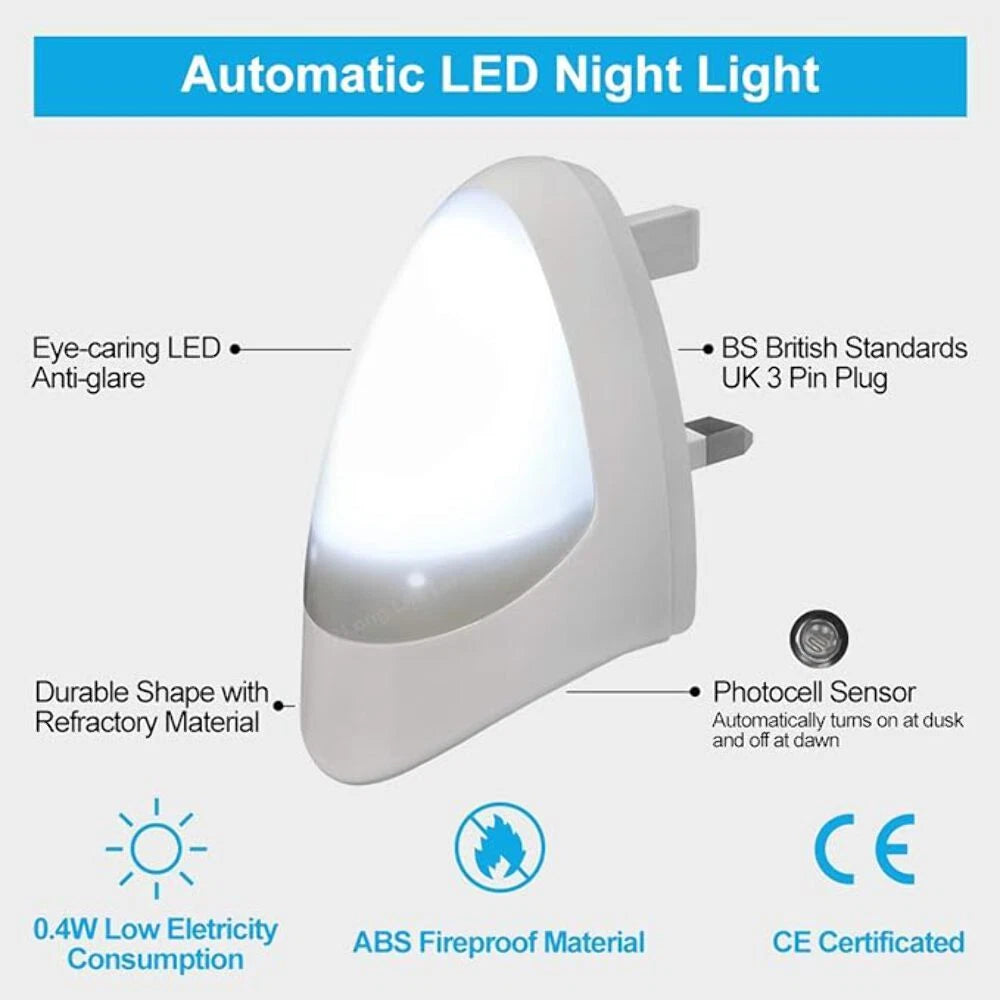 2x LED plug-in night lights with UK 3-pin and dusk-to-dawn auto sensor. Soft white glow, energy-efficient & perfect for kids’ rooms. Shop at New, Used and More!