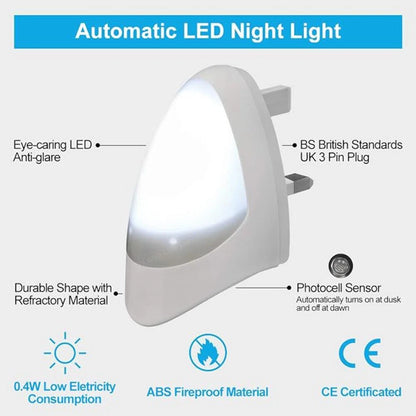 2x LED plug-in night lights with UK 3-pin and dusk-to-dawn auto sensor. Soft white glow, energy-efficient & perfect for kids’ rooms. Shop at New, Used and More!