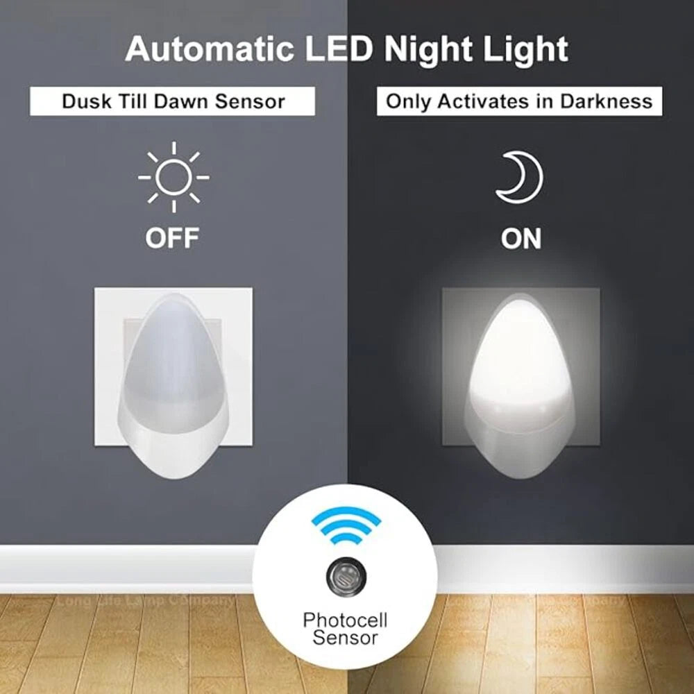 2x LED plug-in night lights with UK 3-pin and dusk-to-dawn auto sensor. Soft white glow, energy-efficient & perfect for kids’ rooms. Shop at New, Used and More!