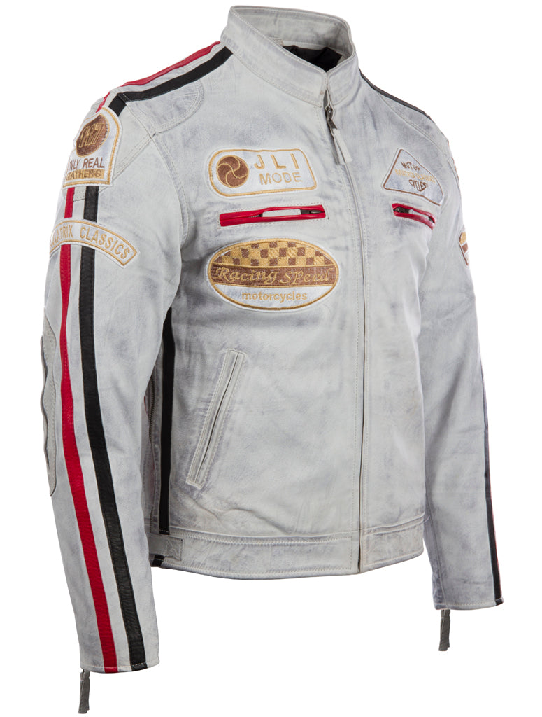 Men's Racing Biker Jacket - Dirty White