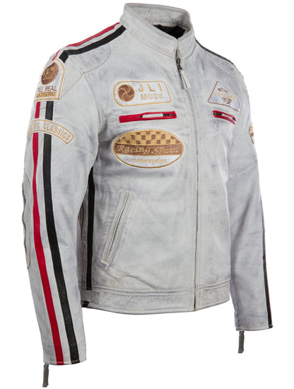 Men's Racing Biker Jacket - Dirty White