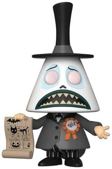 Toy figure of a character with a top hat and suit, holding a scroll with Halloween-themed illustrations, on a white background.