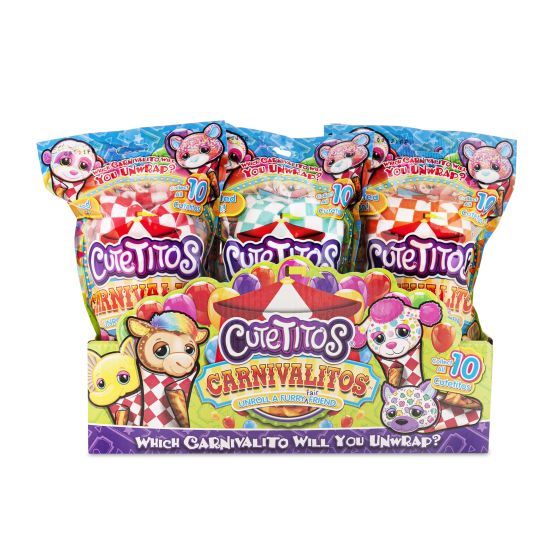 Packaging of Cuteitos Carnivalitos toy series on a white background