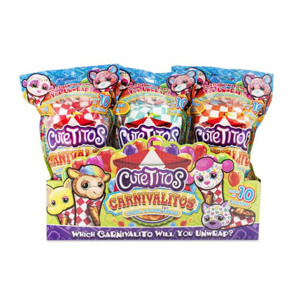 Packaging of Cuteitos Carnivalitos toy series on a white background