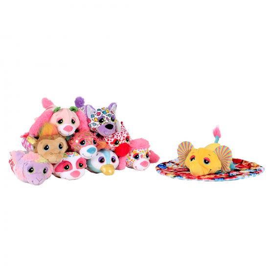 Colorful plush toys on a white background