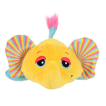 Colorful plush fish toy with a white background