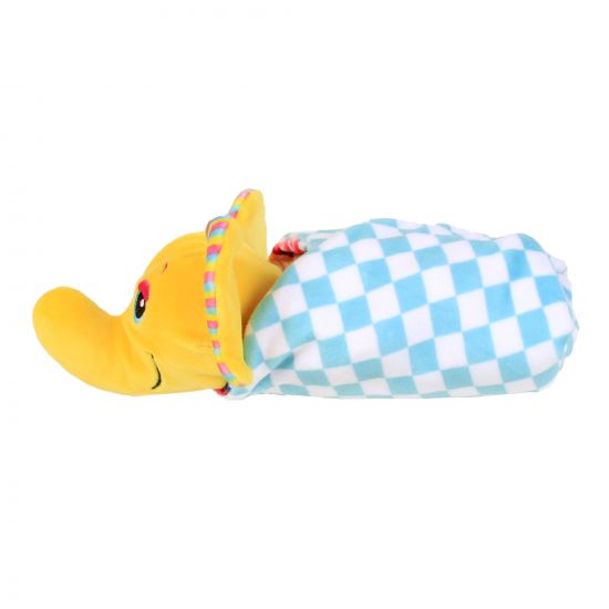 Plush toy duck with a checkered blanket on a white background