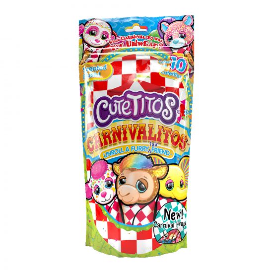 Packaging of 'Carnivalitos' with colorful design and cartoon characters on a white background
