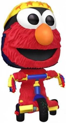 Elmo toy figure on a tricycle with a yellow helmet and red nose