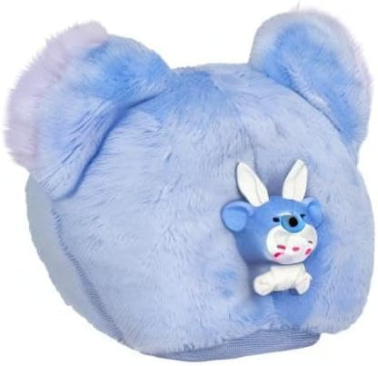 Blue plush toy with a small white and blue character on a white background