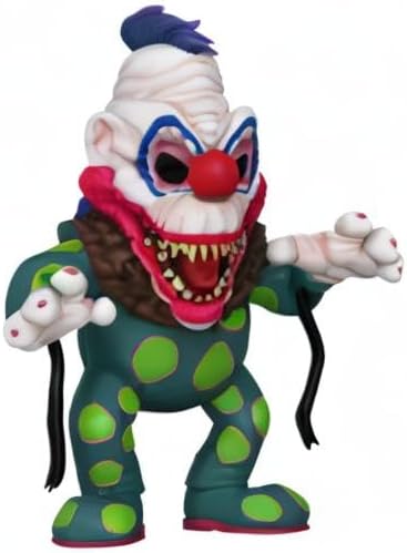 Colorful clown figurine with a white face, red nose, and green polka dot outfit on a white background