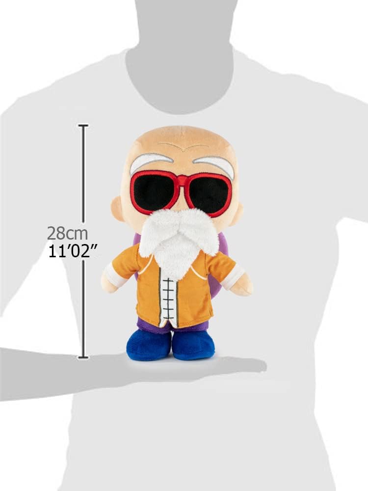 Plush Master Roshi Dragon Ball toy of a character with sunglasses and a beard, displayed on a mannequin with measurement details.