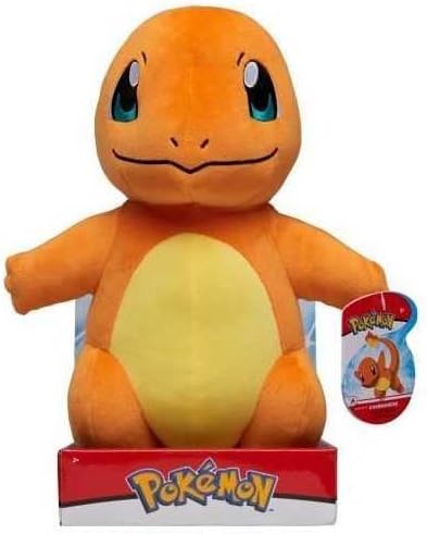 Plush toy of Charmander from Pokémon with packaging on a white background