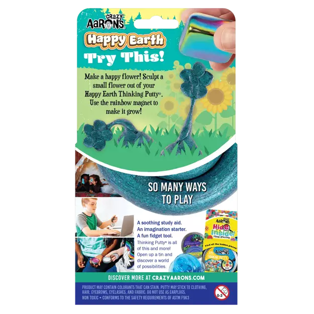 Crazy Aaron's Happy Earth Thinking Putty packaging with promotional text and images.